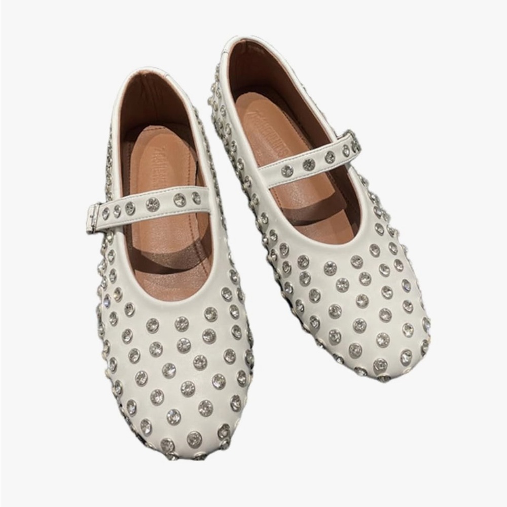 NEW White Rhinestone Studded Mary Jane Silver White Ballet Flats
